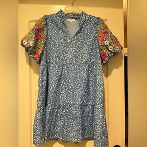 THML Blue Floral Mini Dress with Multicolor Sleeves as seen at Avara Boutique